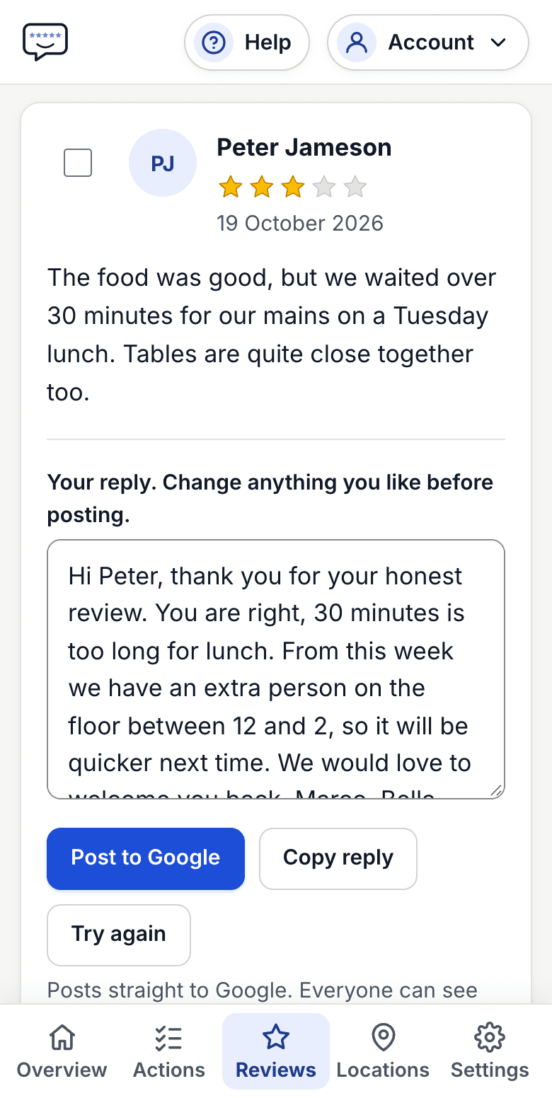 A Google review with a ready-made reply underneath and a button to post it