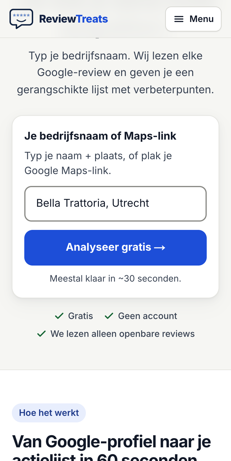 De gratis check: een vak waarin je de link naar je bedrijf op Google Maps plakt